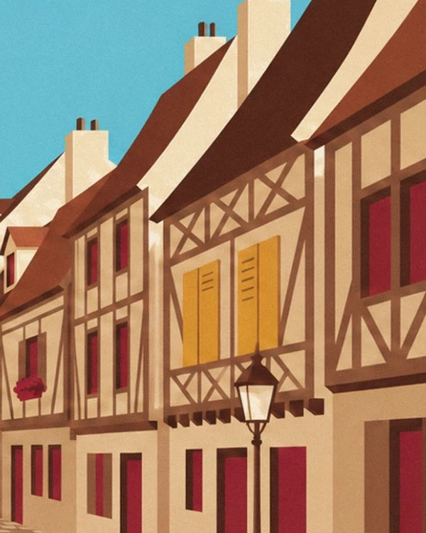 Les façades à colombages bruns, les volets jaunes et le réverbère de la rue dijonnaise