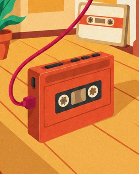 The orange portable cassette player with black buttons and a pink cable on the yellow floor