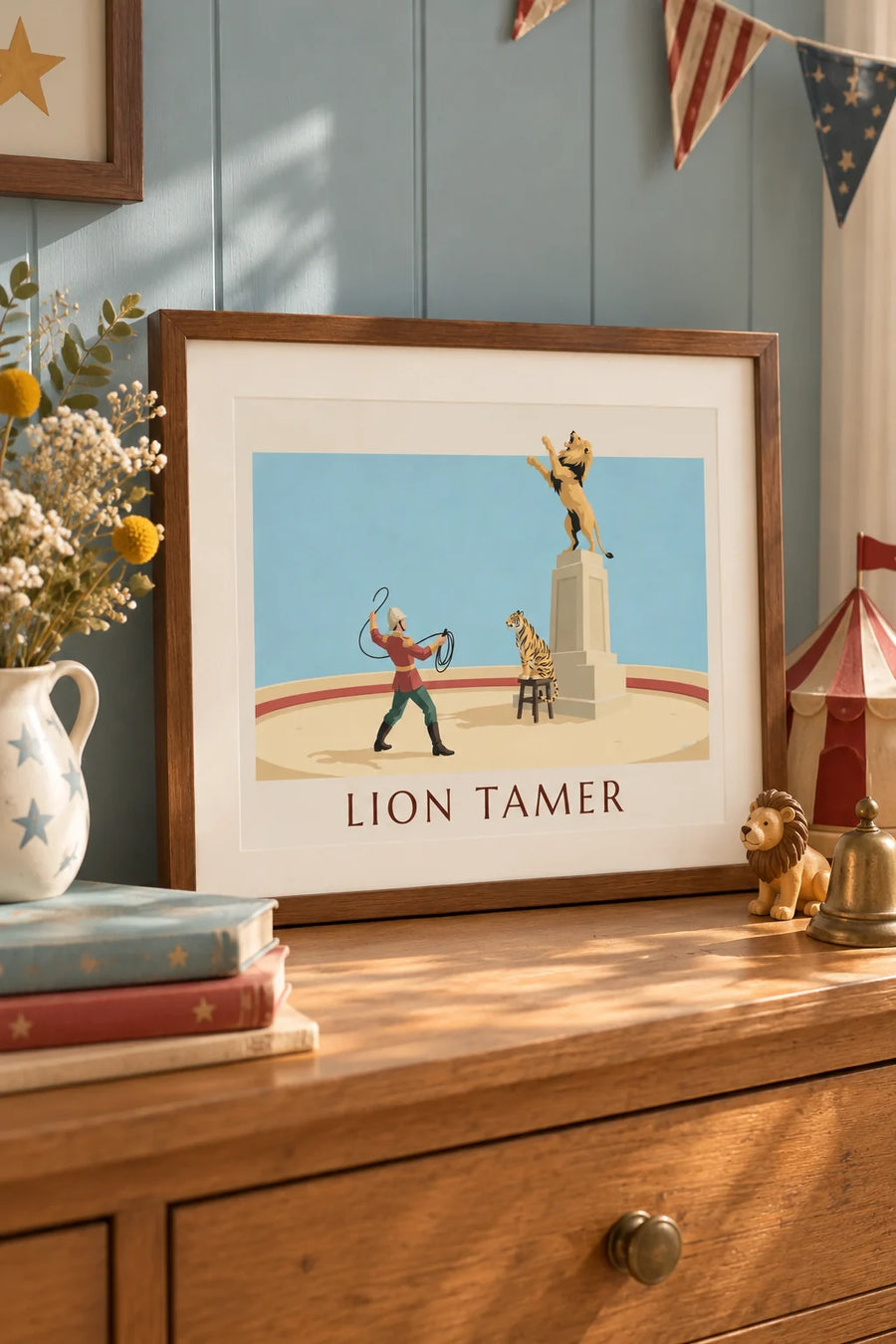 Affiche dompteur de fauves, lion et tigre sur la piste du cirque : petit format A4 encadré