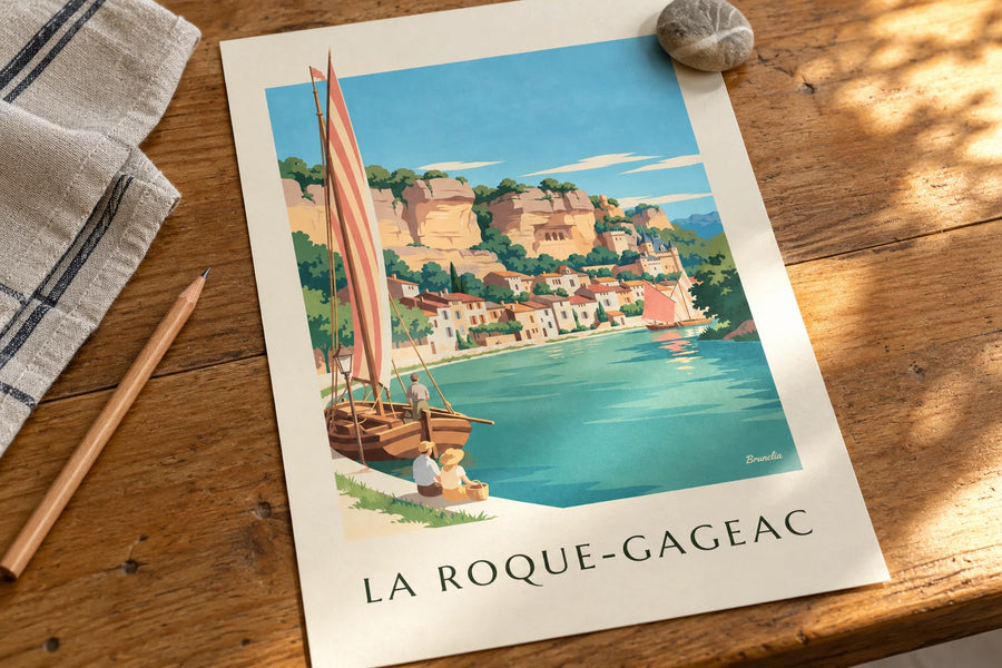 Affiche village de La Roque-Gageac au bord de la Dordogne : posée sur une table