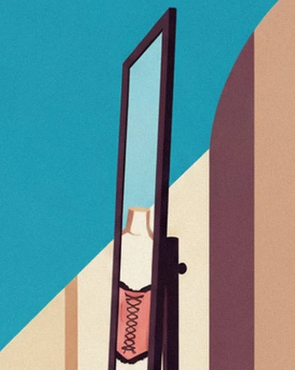 The narrow, dark-framed mirror reflecting the pink corset and its black lacing