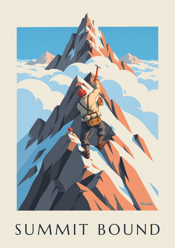 Mountaineer on a rocky ridge toward the summit poster