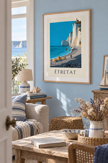Poster Kieselstrand und Caloges von Étretat unter der Falaise d'Amont: gerahmt an der Wand
