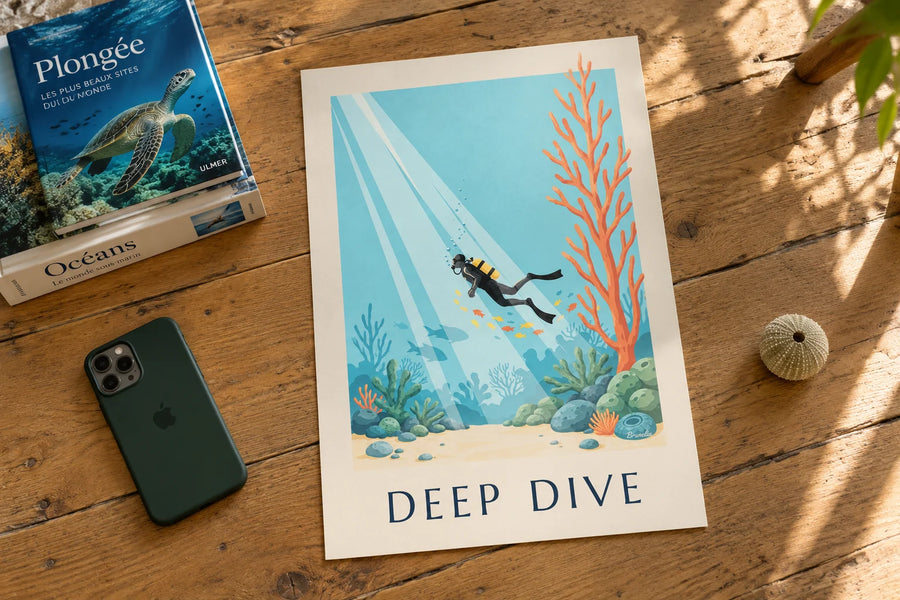 Affiche plongeur sous-marin parmi les coraux et poissons : posée sur une table