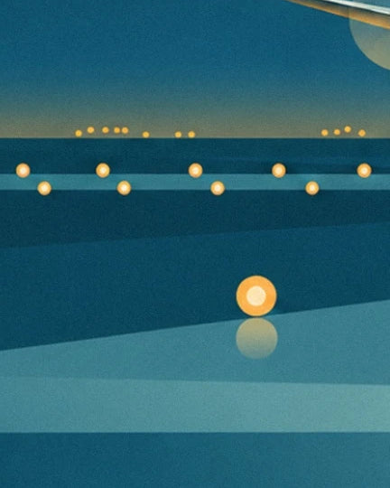 The golden runway lights at night and their reflection on the blue ground