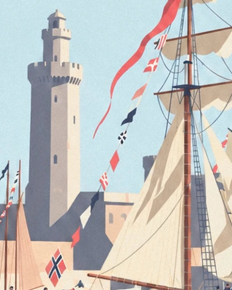 The tower of Brest harbour behind the cream sails and colourful flags