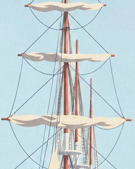 The cream sails furled on the yards, between the brown masts and rigging