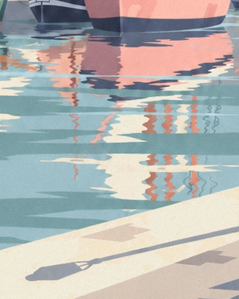 The sailing boat's pink reflections in the turquoise water and a street lamp's shadow on the quay