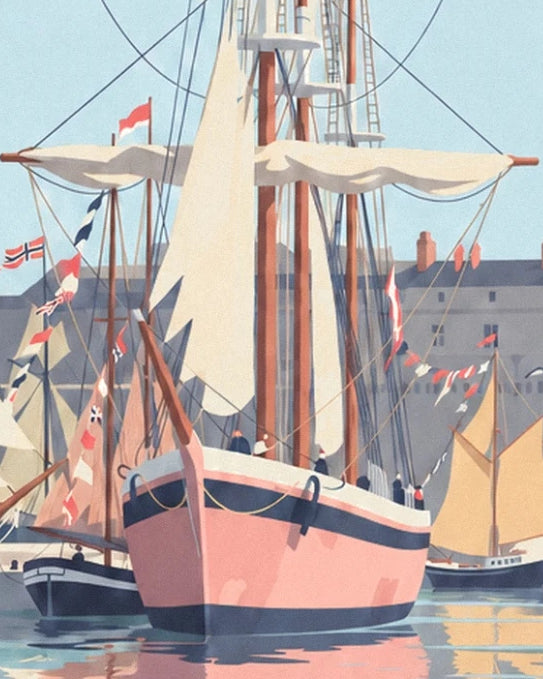 The pink hull of a traditional sailing ship, its cream sails and strings of flags