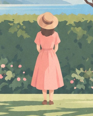 A woman seen from behind in a pink dress and straw hat in front of a flowering hedge