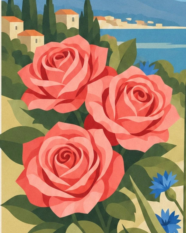 The 3 coral roses and cornflowers, in front of a waterside village with orange roofs