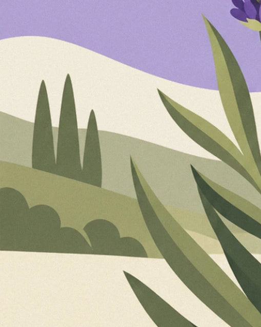A cream hill dotted with 3 dark cypresses and green bushes, bordered by long leaves