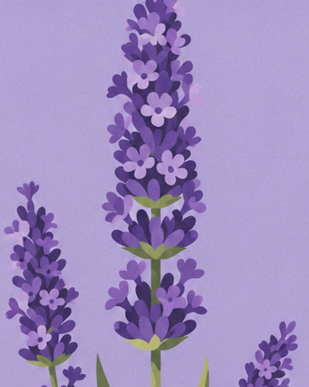 A large purple lavender spike against a mauve sky, with 2 smaller spikes beside it