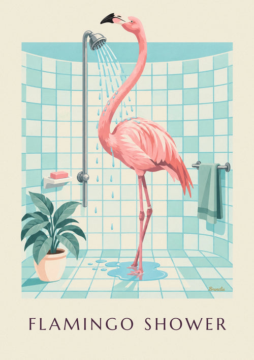Poster of a pink flamingo taking a shower in a bathroom: the full poster