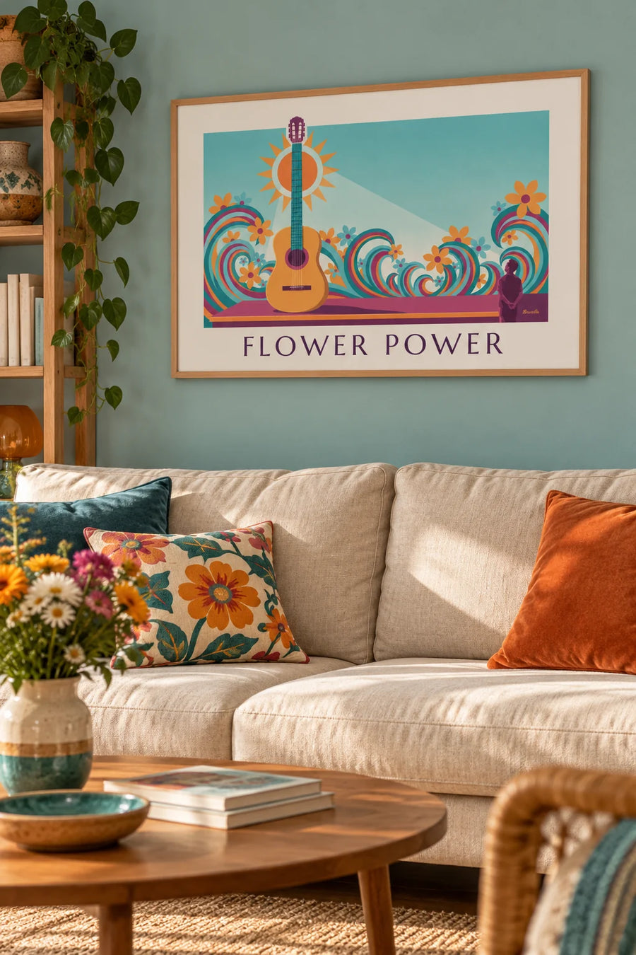 Poster Akustikgitarre und psychedelische Wellen im Flower-Power-Stil: gerahmt an der Wand