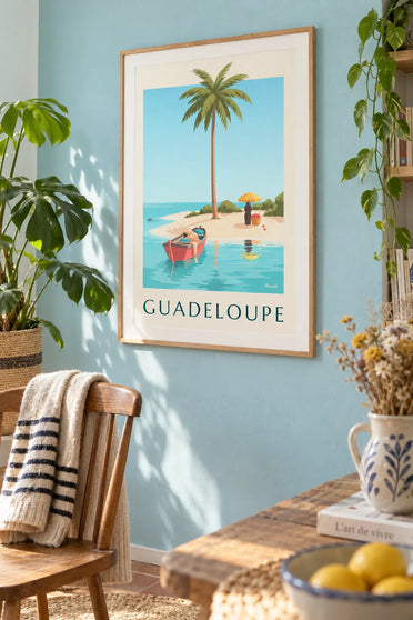 Poster Lagune von Bois Jolan und Kokospalme in Sainte-Anne auf Guadeloupe: gerahmt an der Wand