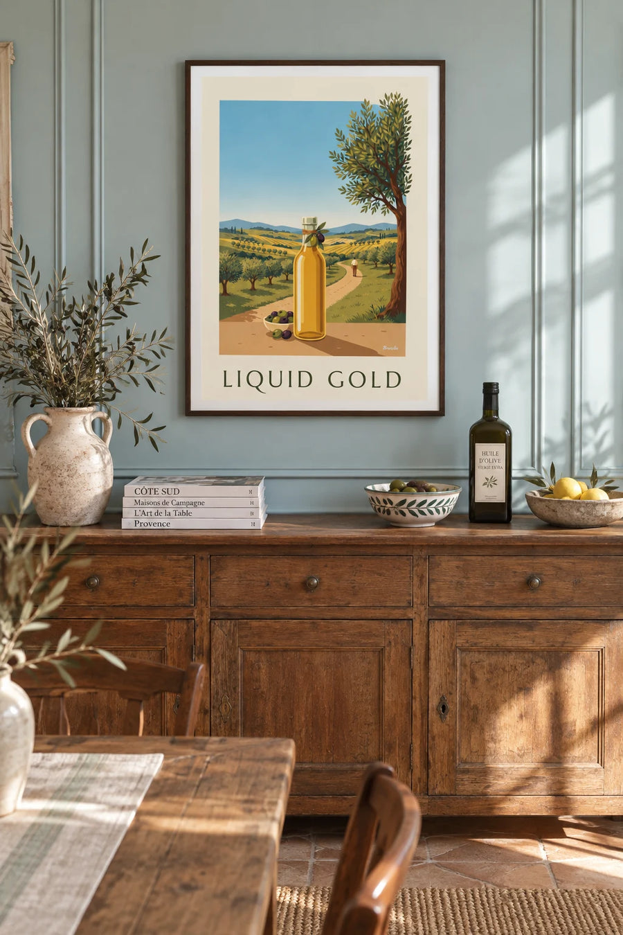 Poster of extra virgin olive oil and olives: framed on the wall