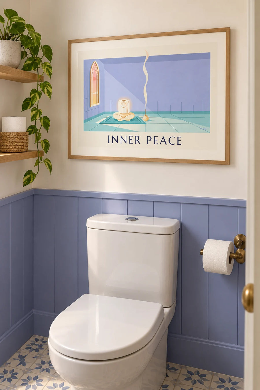 Affiche rouleau de papier toilette en méditation zen : encadrée au mur