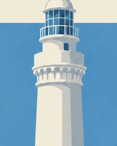 Le phare blanc de Noirmoutier, sa lanterne vitrée et ses rambardes sur fond bleu