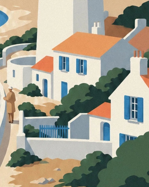 Les maisons blanches aux volets bleus et aux toits orangés, entourées de verdure