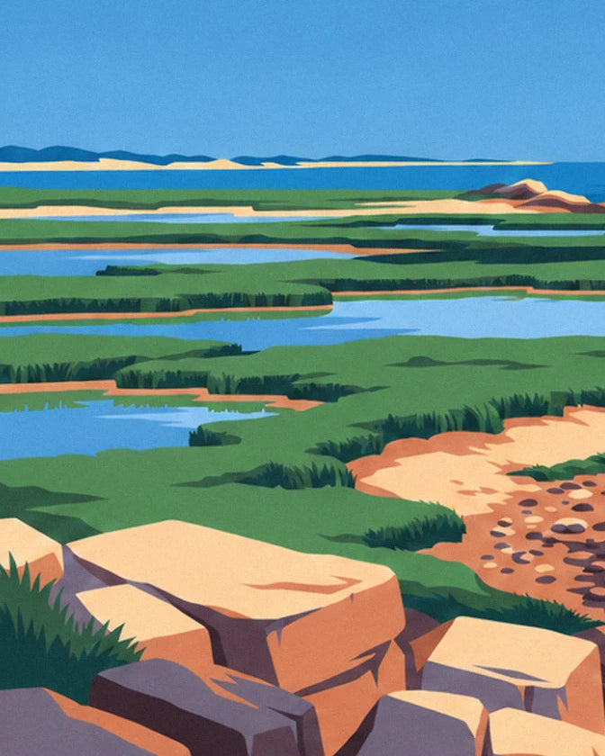 The green marshes and their blue pools, seen from large pale stone slabs