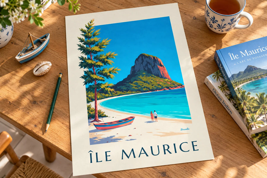 Poster Le Morne Brabant und Lagune auf Mauritius: auf einem Tisch abgestellt