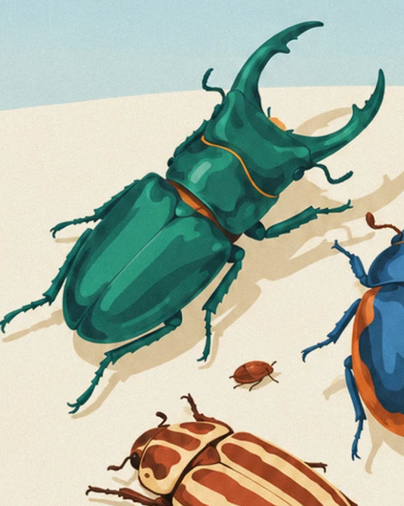 The emerald-green stag beetle and its large mandibles, beside a rust and cream striped beetle