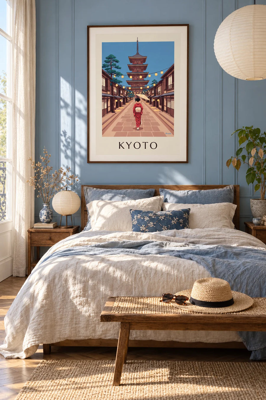 Affiche geisha à l'ombrelle vers la pagode Yasaka à Kyoto : encadrée au mur