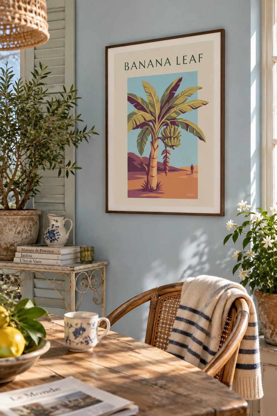Affiche planche botanique du bananier et ses fruits : encadrée au mur