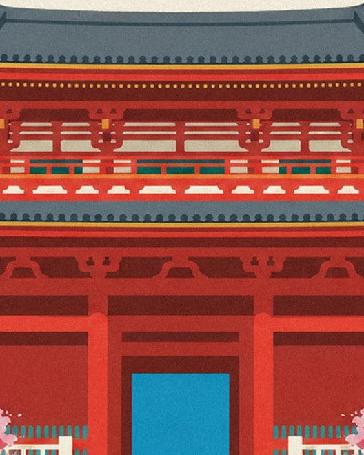 The vermilion façade of Kiyomizu-dera, with its red beams and grey roofs
