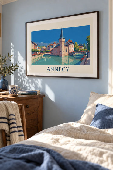 Poster of the Palais de l’Isle and flower-covered bridges over the Thiou in Annecy: framed on the wall