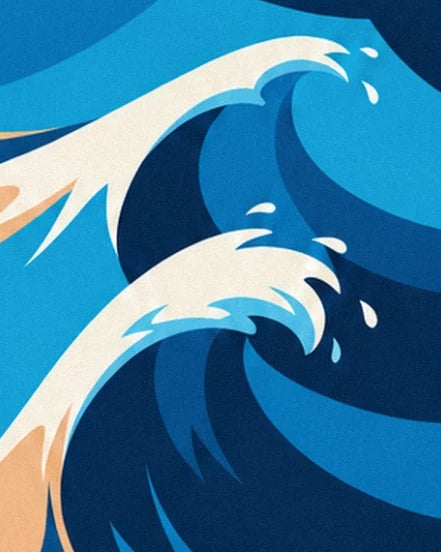 Les vagues bleu marine aux crêtes d'écume blanche et aux gouttes suspendues