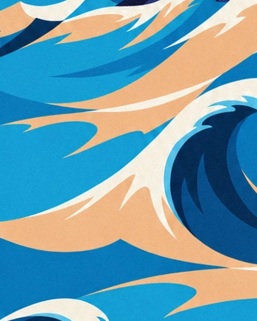 Les courbes bleu turquoise et pêche des vagues, bordées d'écume crème