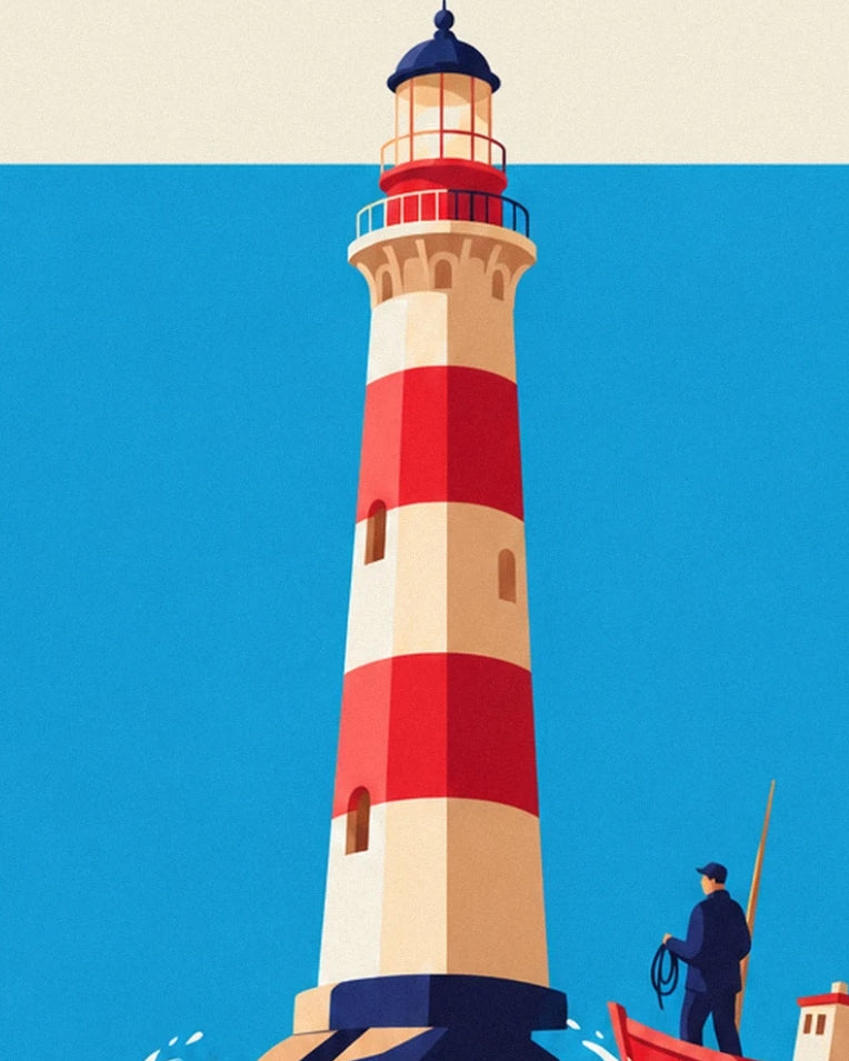 Le phare à bandes rouges et crème, avec un marin près d'une barque rouge