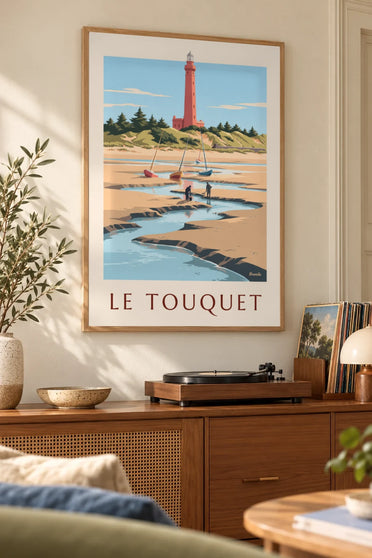 Poster Leuchtturm von Le Touquet und Wattwanderer in der Bucht von Canche: gerahmt an der Wand