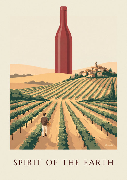 Poster of a bottle of red wine among countryside vineyards: the full poster