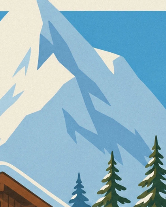 The snow-covered peaks of the Alpes with blue shadows above the fir trees