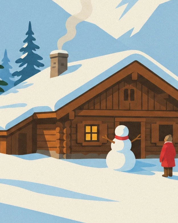 The wooden chalet beneath the snow, its snowman with a red scarf and a figure in a red coat