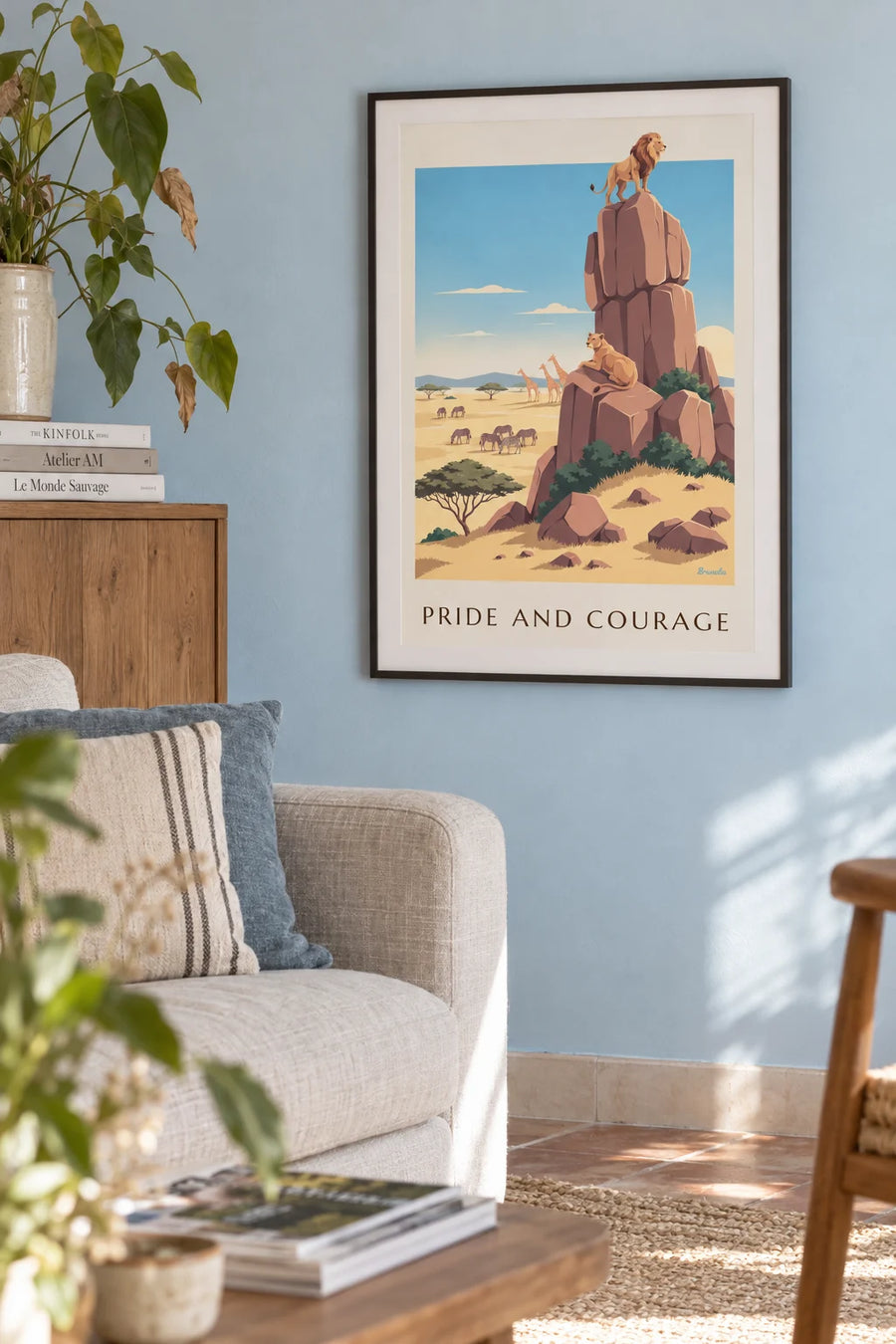Affiche lion et lionne sur un kopje dans la savane : encadrée au mur