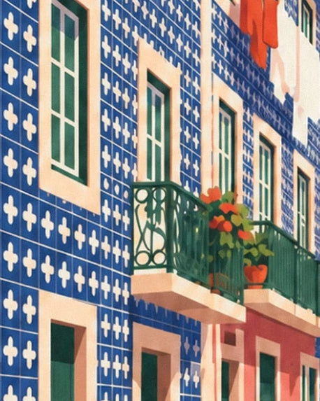 The blue-and-white azulejos, green balconies and their pots of orange flowers