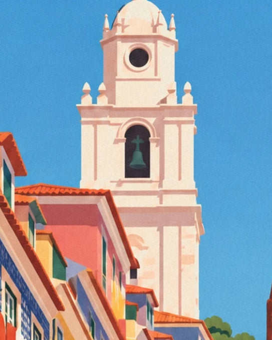 The cream bell tower and its dark bell above the red-tiled rooftops