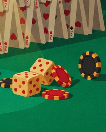 Les 2 dés jaunes et les jetons rouges et noirs sur le tapis vert du casino