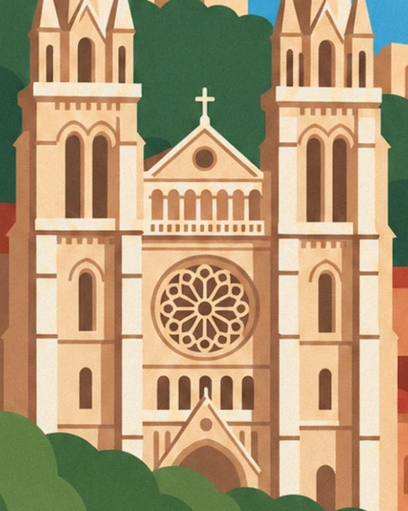 The façade of cathédrale Saint-Jean, its 2 towers and rose window in cream tones