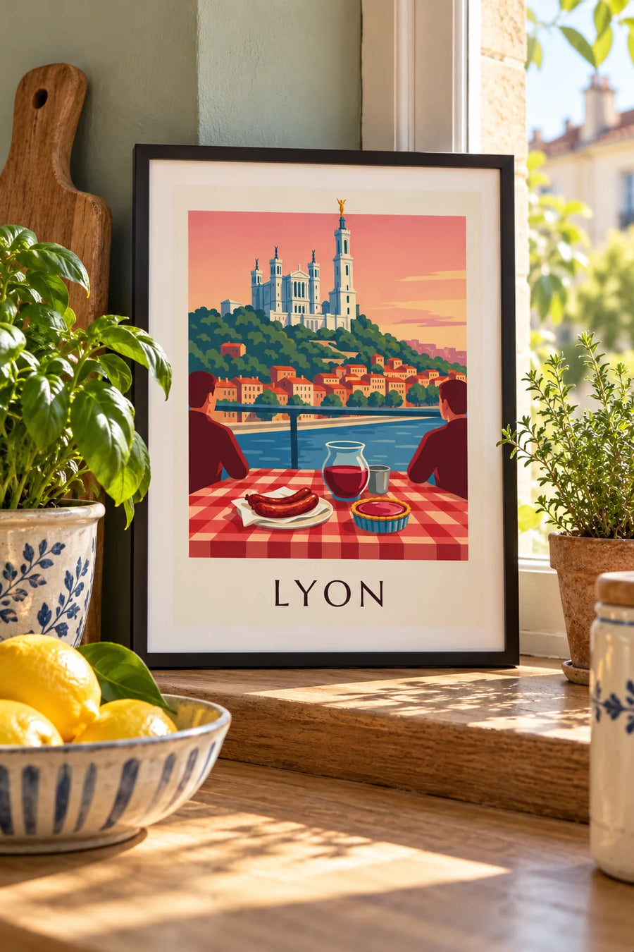 Poster Bouchon Lyonnais mit Blick auf die Saône und Fourvière: kleines Format A4 gerahmt