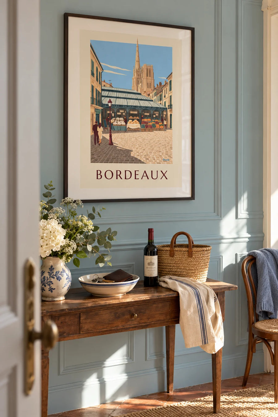 Poster of the Capucins market in Bordeaux and the Saint-Michel spire: framed on the wall