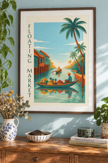 Poster of a tropical floating market and boats loaded with fruit: framed on the wall