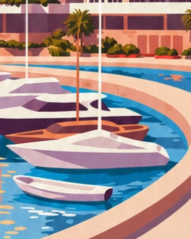White sailing boats and a small rowing boat beside the curved quay lined with palm trees