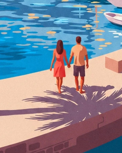A couple holding hands on the pale quay, beneath the shadows of palm trees