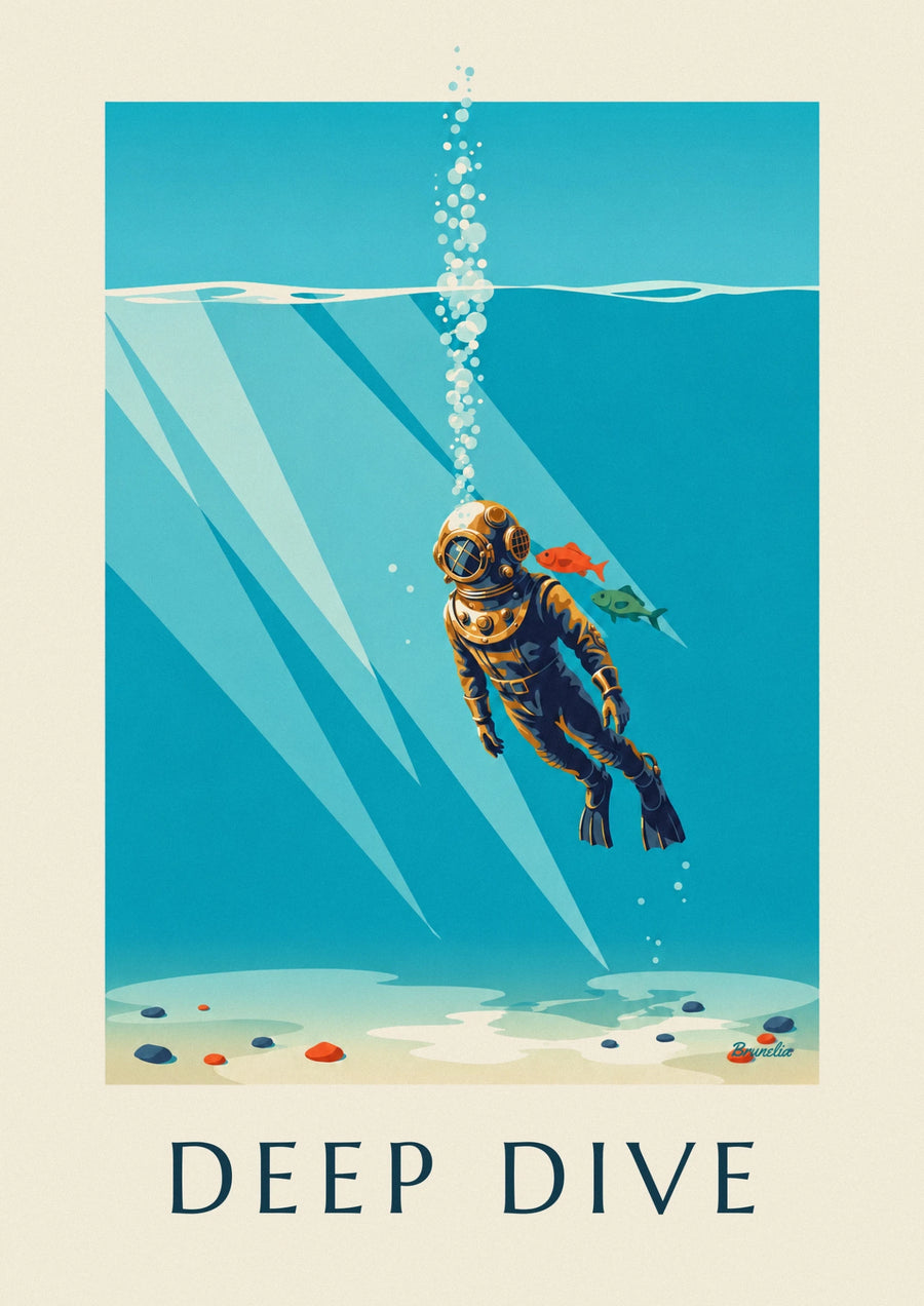 Copper helmet diver descending into the sea poster