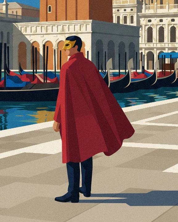 The masked man seen from behind, in a red cape and gold mask, facing the gondolas by the quay